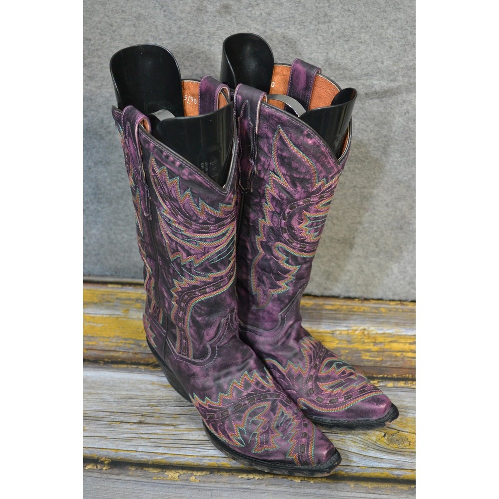VTG Dan Post Boots Womens 7 M Purple Leather Western Cowboy Embroidered DP 3554